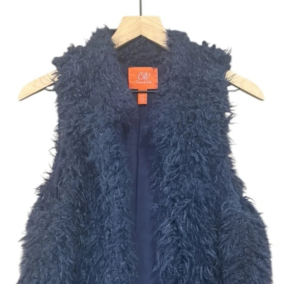 Chelsea & Violet Faux Fur Open Front Long Vest Navy Blue Size Small - Picture 3 of 10